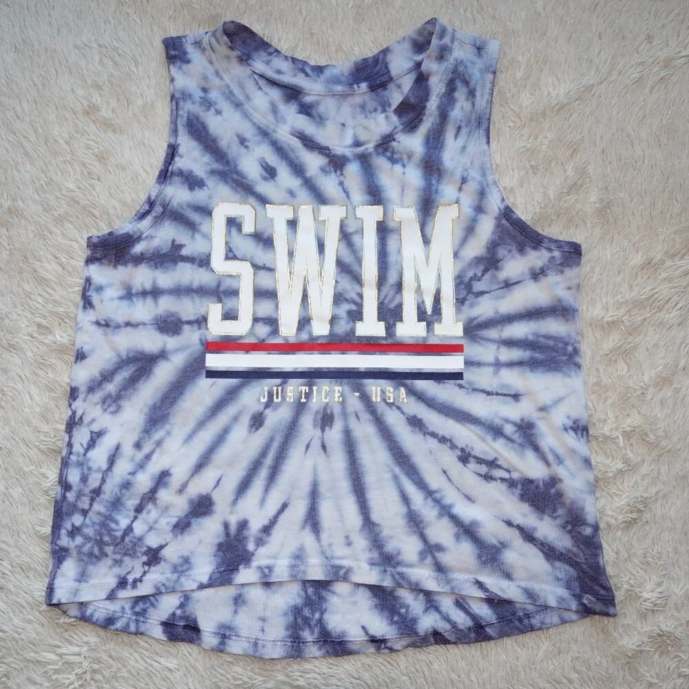 Girls Size 8 Justice Swim Sport Blue and White Tie Dye Tank Top